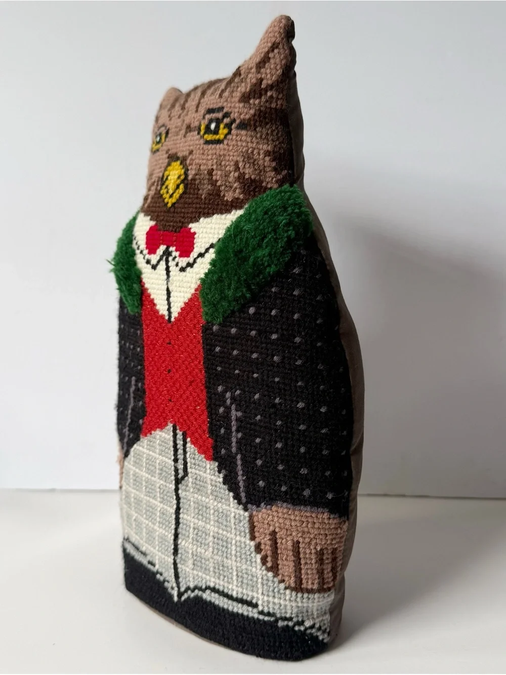 Vintage Needlepoint Dapper Owl Whimsical Pillow Figurine 11 3/4”